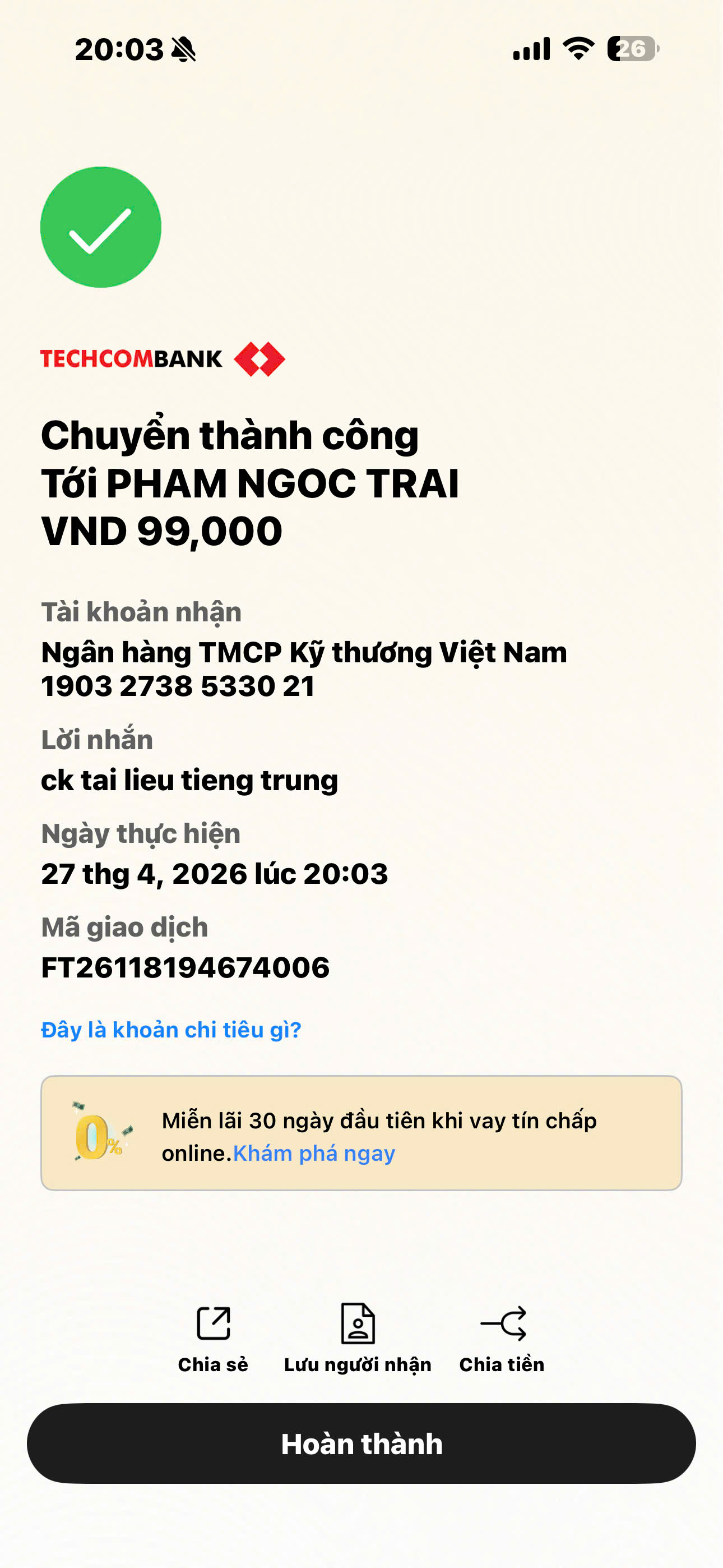 Giao dịch thành công